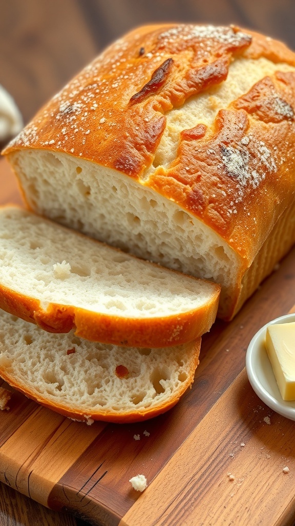 A golden-brown loaf of homemade bread sliced on a wooden board with butter.